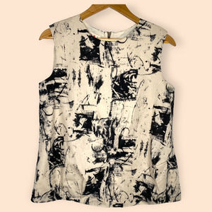 MARNI Paint Splatter Pattern Cotton Blouse Sleeveless Crew Neck Cream Black